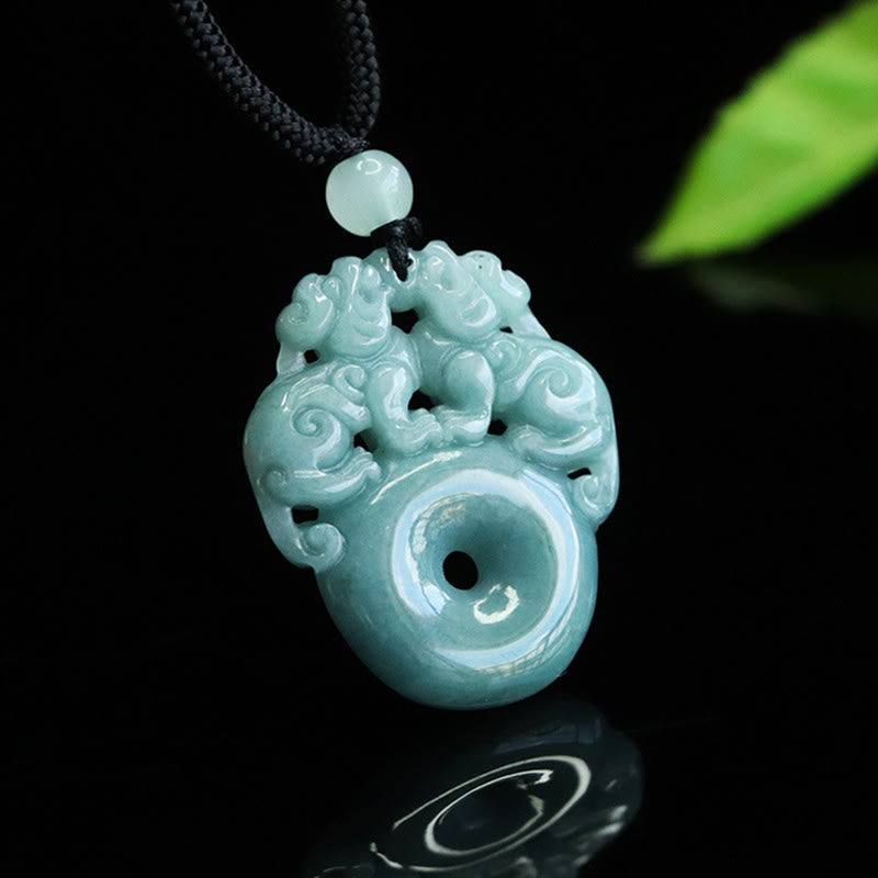Double Pixiu Jade Peace Buckle String Necklace – jade pendant angled front view, carved Pixiu detail