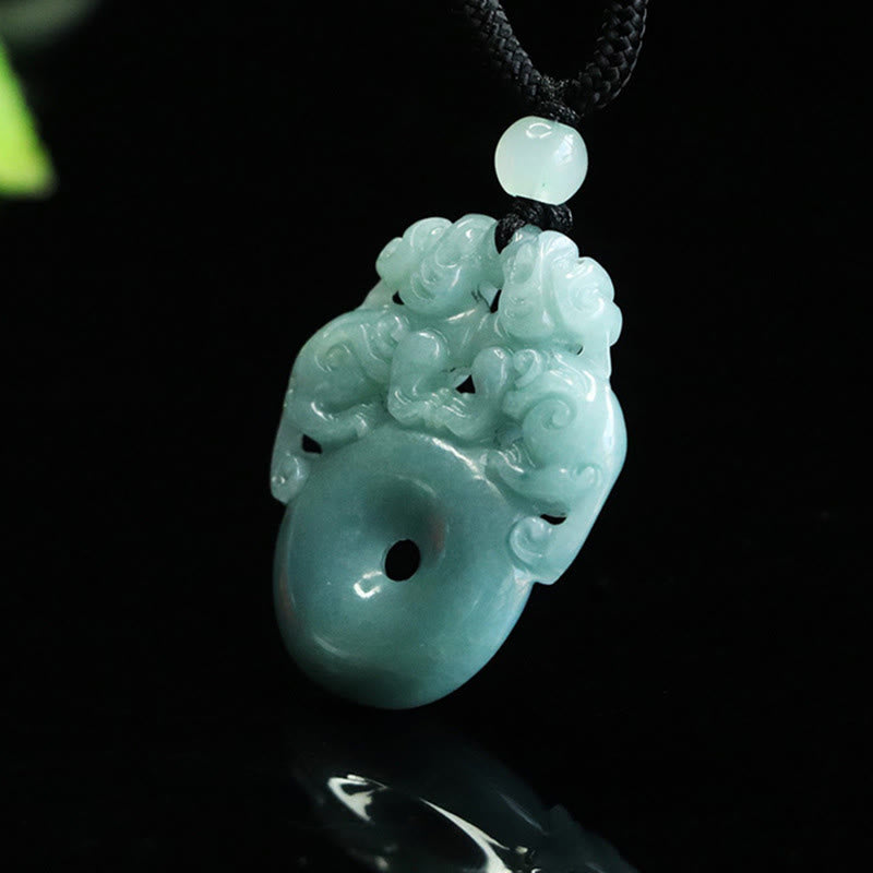 Double Pixiu Jade Peace Buckle String Necklace – tilted front view black background, wealth luck necklace