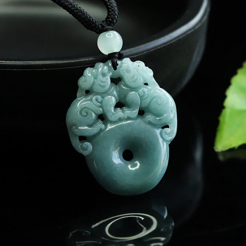 Double Pixiu Jade Peace Buckle String Necklace – angled depth view with green leaf, lucky jade carving