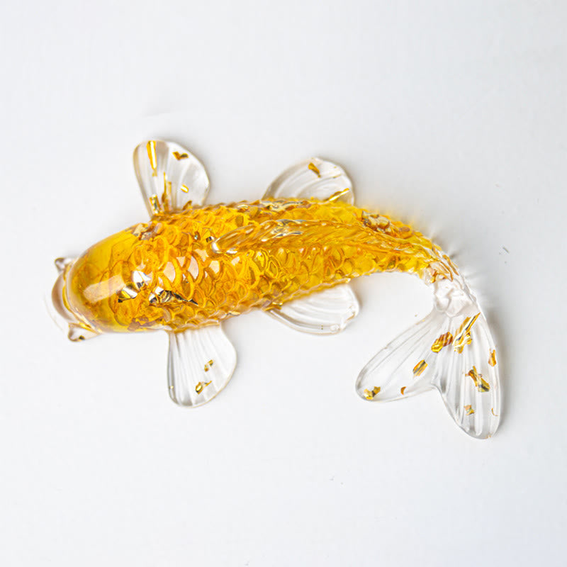 Koi Fish Crystal Chip Resin Decoration – amber yellow glass koi fish figurine with gold leaf and clear fins on white