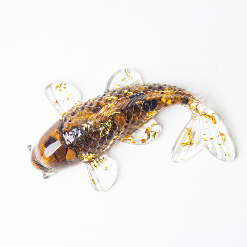 Koi Fish Crystal Chip Resin Decoration – amber honey glass koi fish with gold leaf inclusions in diagonal pose on white