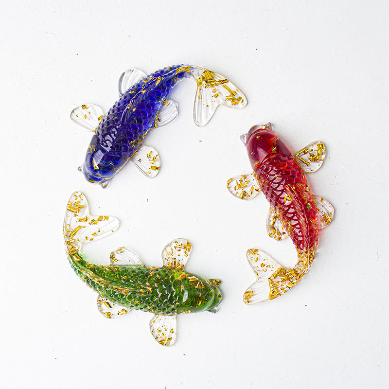 Koi Fish Crystal Chip Resin Decoration – three glass koi figurines in blue red green with gold leaf on white background