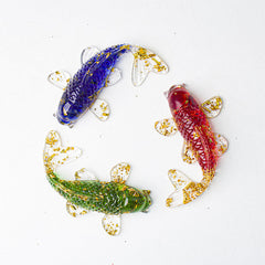 Koi Fish Crystal Chip Resin Decoration – three glass koi figurines in blue red green with gold leaf on white background