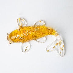Koi Fish Crystal Chip Resin Decoration – amber yellow glass koi fish figurine with gold leaf and clear fins on white