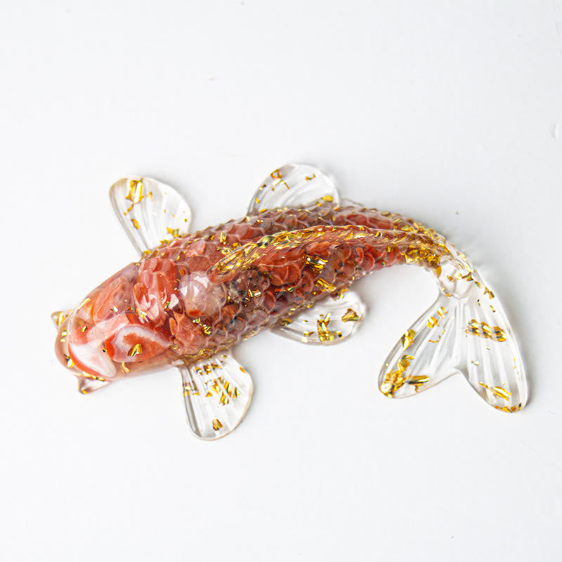 Koi Fish Crystal Chip Resin Decoration – coral pink salmon resin koi fish with gold leaf and crystal-clear fins on white