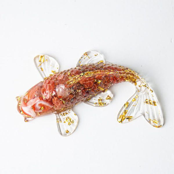Koi Fish Crystal Chip Resin Decoration – coral pink salmon resin koi fish with gold leaf and crystal-clear fins on white