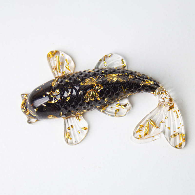 Koi Fish Crystal Chip Resin Decoration – black resin koi fish figurine with gold leaf accents and clear fins on white