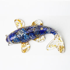 Koi Fish Crystal Chip Resin Decoration – blue lapis lazuli koi fish figurine with gold leaf accents on white background