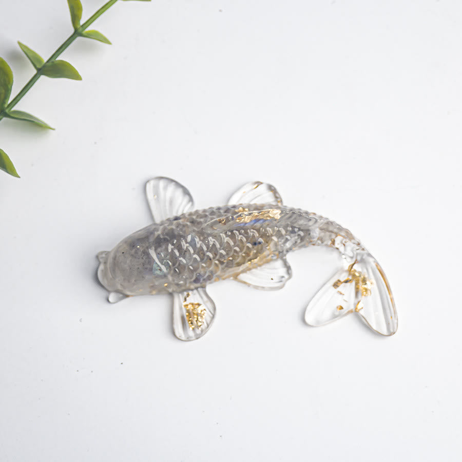 Koi Fish Crystal Chip Resin Decoration – cobalt blue glass koi fish close-up with detailed scales and gold leaf on white