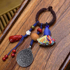 Chinese Zodiac Nine Palaces Dzi Bead Buddha Serenity Key Chain – nine palaces pattern detail, ancient dzi bead key ring