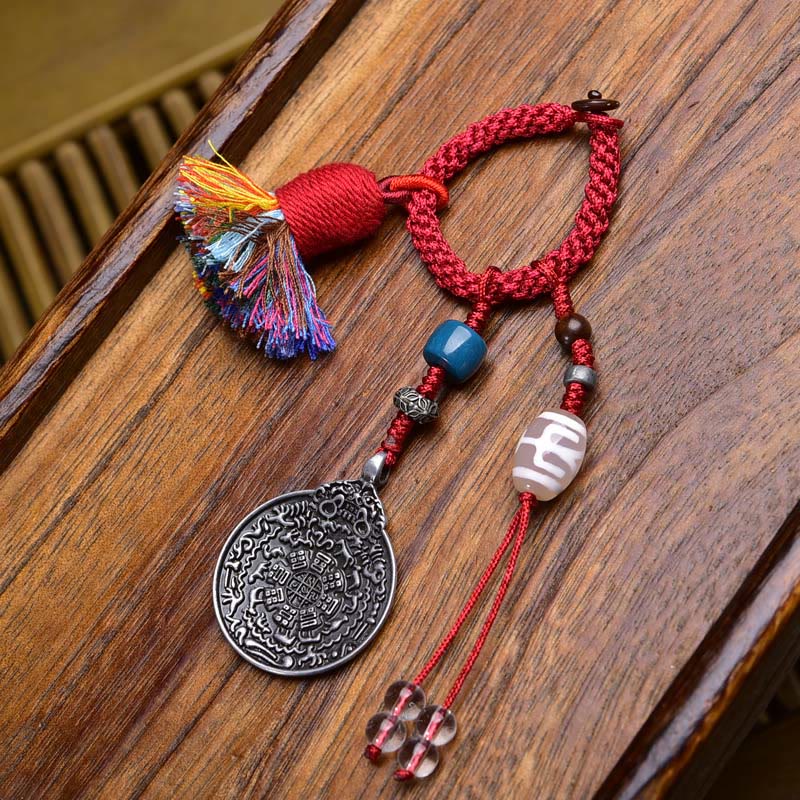 Chinese Zodiac Nine Palaces Dzi Bead Buddha Serenity Key Chain – keychain with red silk tassel, chinese lucky charm accessory