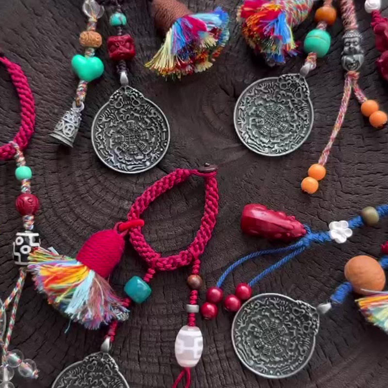 Chinese Zodiac Dzi Bead Buddha Key Chain – nine eyes dzi bead closeup, protective tibetan bead key ring