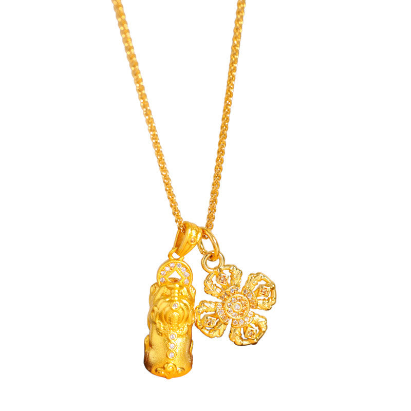 24K Gold Plated Pixiu Cross Dorje Vajra Necklace – pendant on pure white background, dorje vajra charm