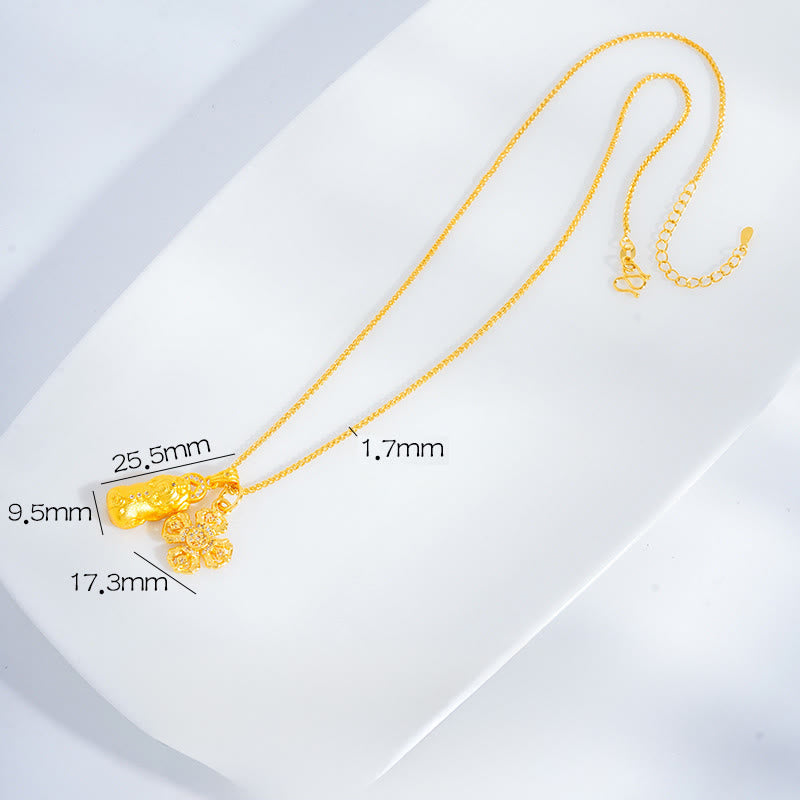 24K Gold Plated Pixiu Cross Dorje Vajra Necklace – full chain with dimension labels, necklace size chart