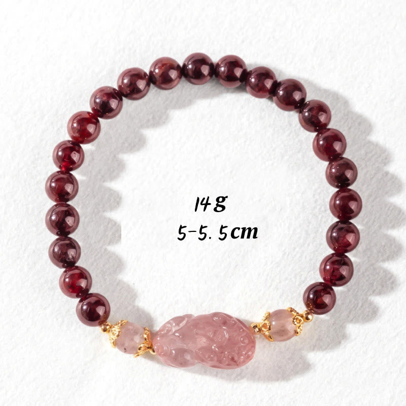Garnet Strawberry Quartz Pixiu Bracelet – 14g weight and 5-5.5cm size specs, bracelet dimensions