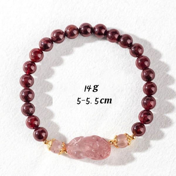 Garnet Strawberry Quartz Pixiu Bracelet – 14g weight and 5-5.5cm size specs, bracelet dimensions