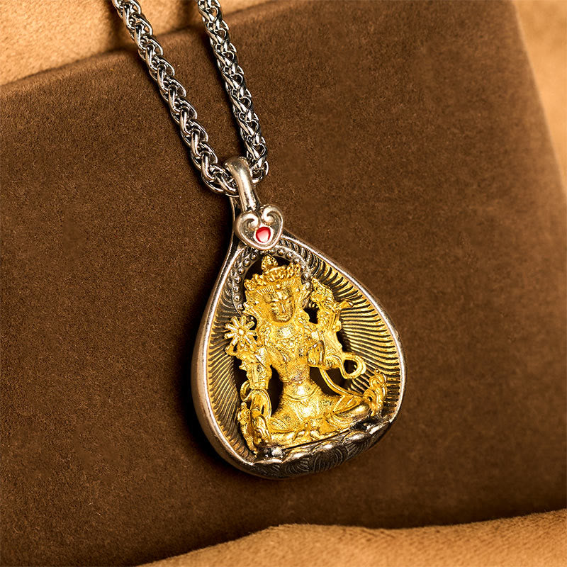Green Tara Shakyamuni Buddha Copper Pendant Necklace Luck Curb Chain – double pendant set on chain, tara and buddha necklace