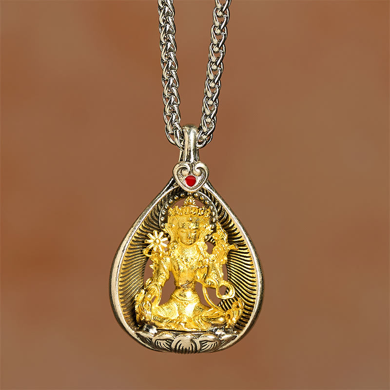 Green Tara Shakyamuni Buddha Copper Pendant Necklace Luck Curb Chain – close-up green tara face, detailed copper pendant