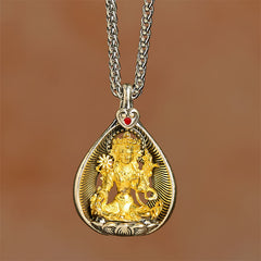 Green Tara Shakyamuni Buddha Copper Pendant Necklace Luck Curb Chain – close-up green tara face, detailed copper pendant