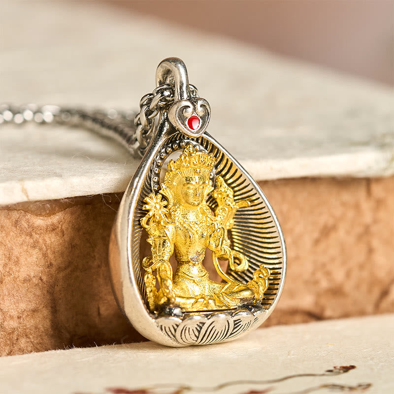 Green Tara Shakyamuni Buddha Copper Necklace – green tara pendant on curb chain, copper buddha necklace