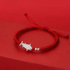 999 Silver Koi Fish Red String Bracelet – red string with silver koi charm showing fortune symbol engraving, adjustable knot