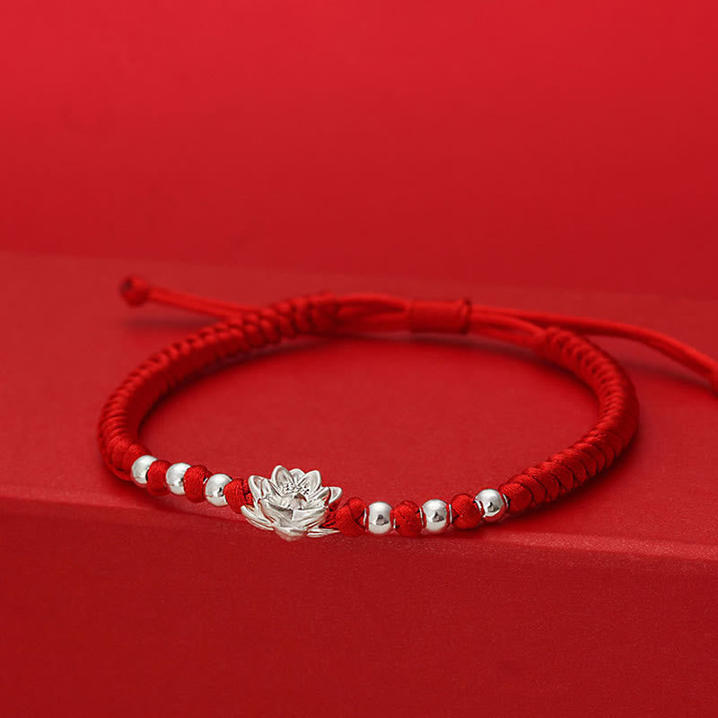 Sterling Silver Lotus Red String Luck Bracelet – three-quarter view showing layered lotus petals and silver beads, lucky
