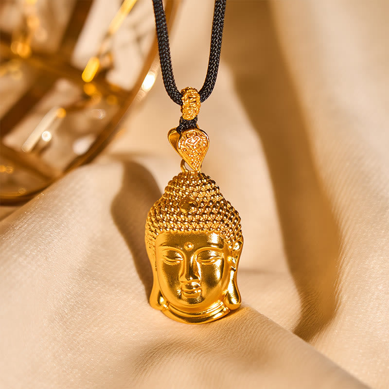 24K Gold Plated Brass Buddha Braided Cord Serenity Necklace – worn on neck lifestyle shot, men's gold buddha necklace
