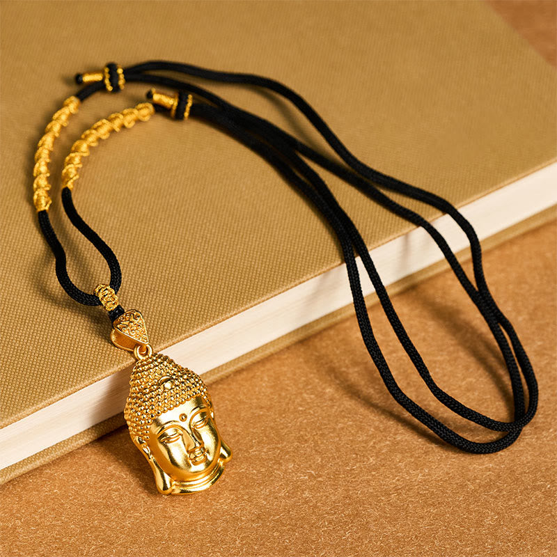 24K Gold Plated Brass Buddha Braided Cord Serenity Necklace – macro of buddha face detailing, fine craftsmanship pendant