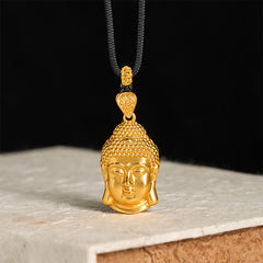 24K Gold Plated Brass Buddha Braided Cord Serenity Necklace – close-up of gold plated buddha face, brass pendant necklace