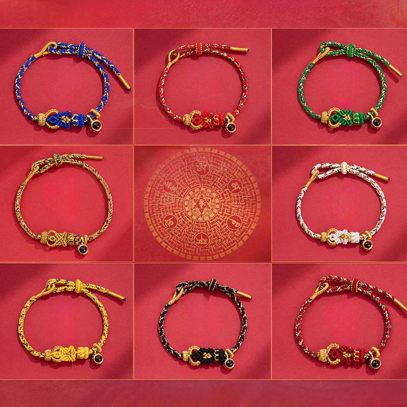 Projection Stone Buddha Knots Hand-woven Connection Bracelet – brown woven bracelet on wooden surface, earth tone jewelry