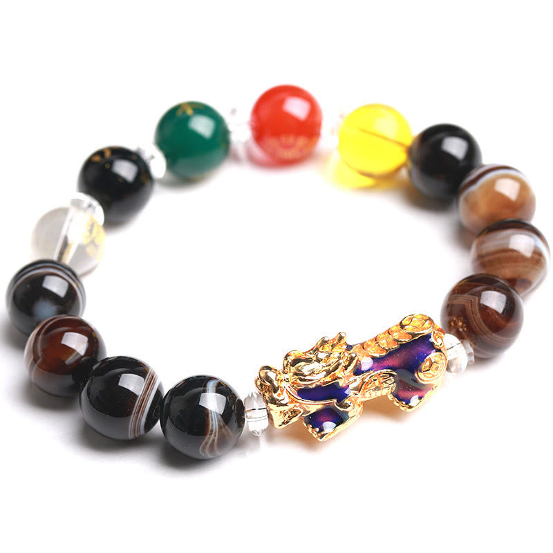 Sardonyx Five Elements Pi Xiu Positive Energy Bracelet – multi-color beads gold Pi Xiu white bg, positive energy wealth