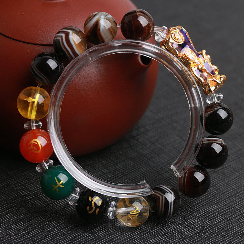 Sardonyx Five Elements Pi Xiu Positive Energy Bracelet – multi-color beads gold Pi Xiu clear stand, five elements luck