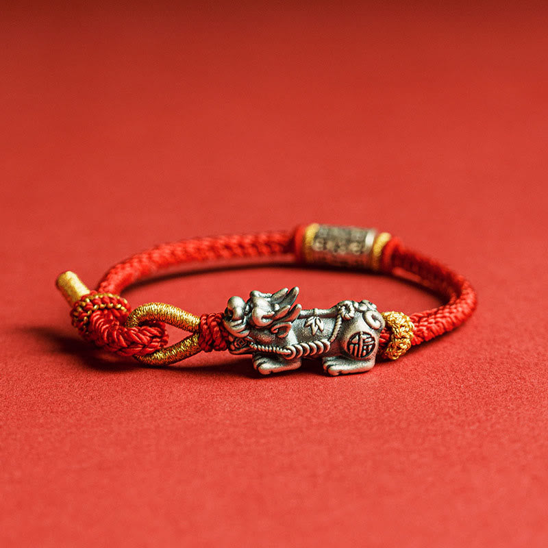 925 Sterling Silver Pixiu Om Mani Padme Hum String Bracelet – silver Pi Xiu red string side red bg, feng shui luck
