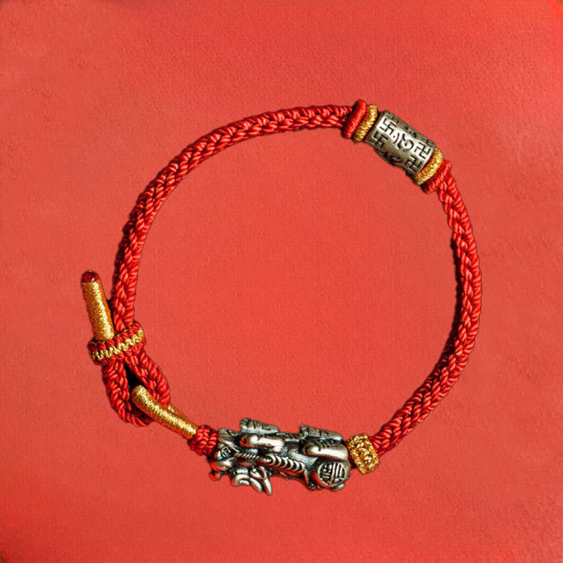 925 Sterling Silver Pixiu Om Mani Padme Hum String Bracelet – silver Pi Xiu red string top red bg, feng shui bracelet