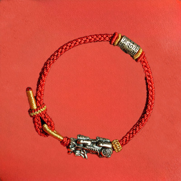925 Sterling Silver Pixiu Om Mani Padme Hum String Bracelet – silver Pi Xiu red string top red bg, feng shui bracelet