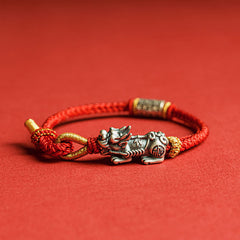 925 Sterling Silver Pixiu Om Mani Padme Hum String Bracelet – silver Pi Xiu red string side red bg, feng shui luck