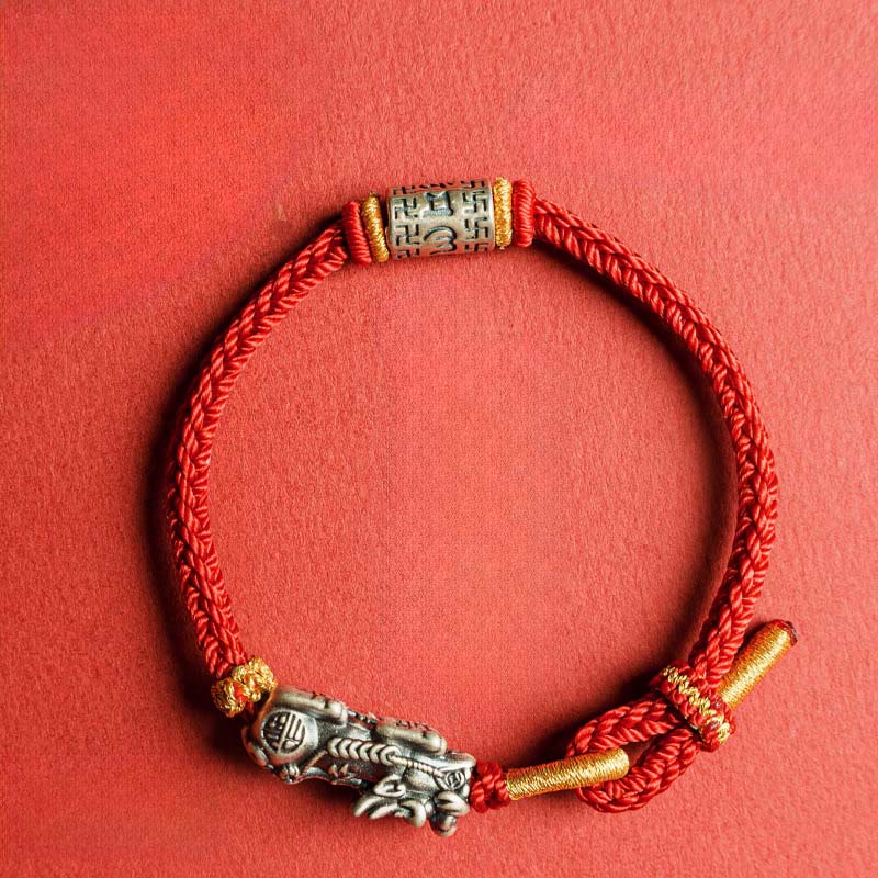 925 Sterling Silver Pixiu Om Mani Padme Hum String Bracelet – Pi Xiu mantra bead red string top, Om Mani Padme Hum