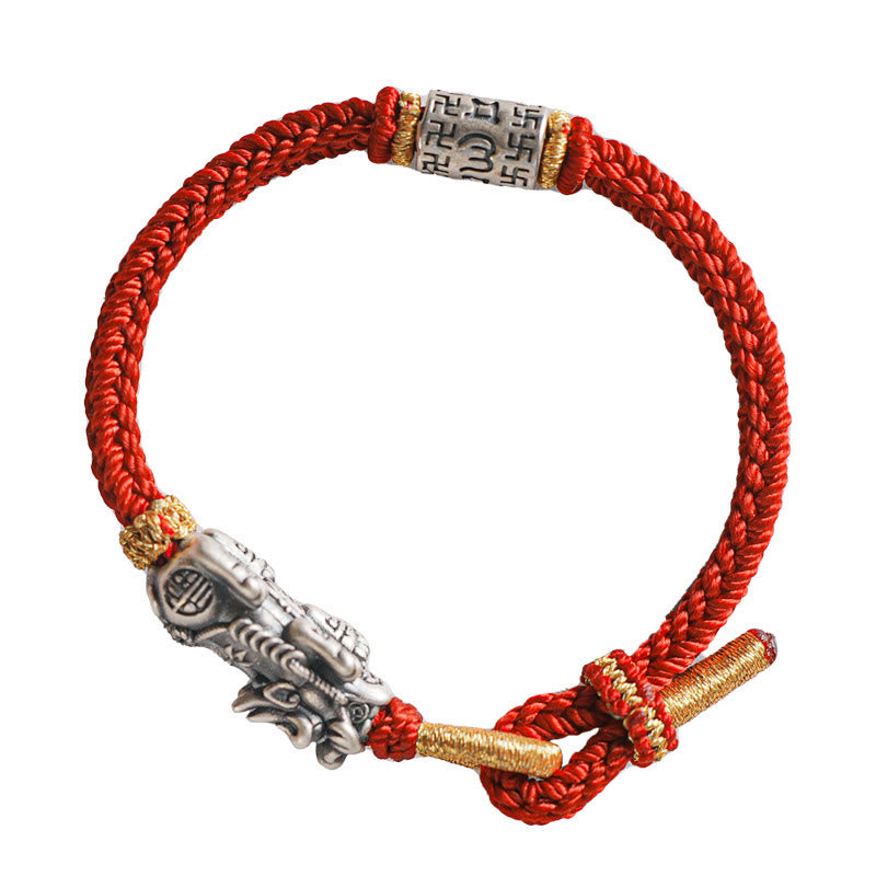 925 Sterling Silver Pixiu Om Mani Padme Hum String Bracelet – silver Pi Xiu red string white bg, full view bracelet