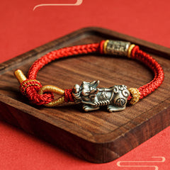 925 Sterling Silver Pixiu Om Mani Padme Hum String Bracelet – silver Pi Xiu red rope wood tray, blessing bracelet