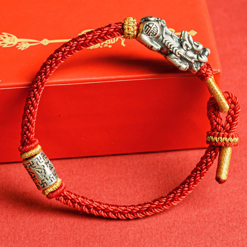 925 Sterling Silver Pixiu Om Mani Padme Hum String Bracelet – silver Pi Xiu red string red box, wealth good luck