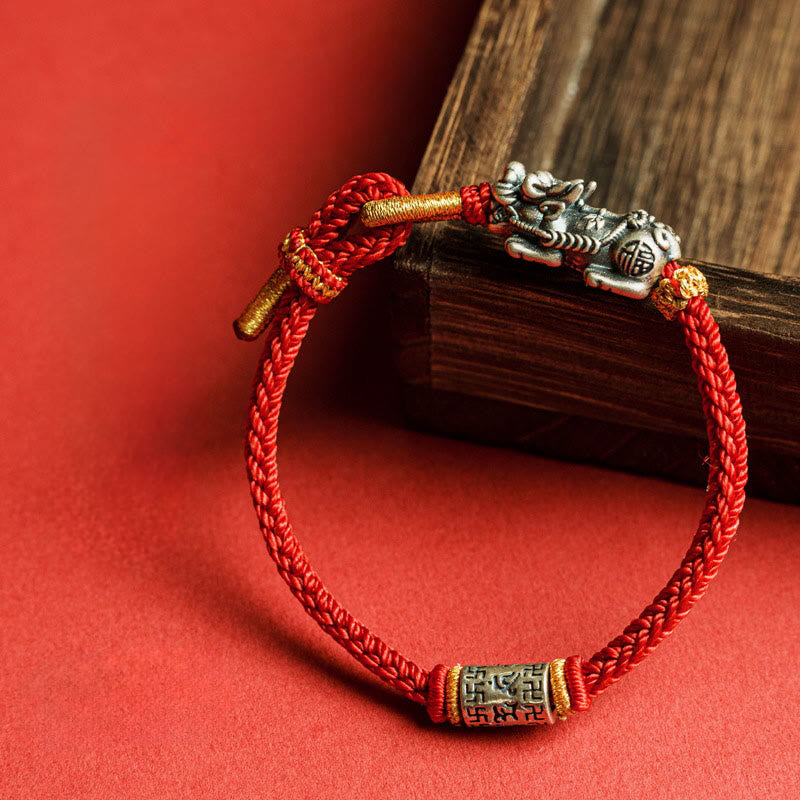 925 Sterling Silver Pixiu Om Mani Padme Hum String Bracelet – silver Pi Xiu red rope wood block, feng shui talisman