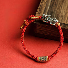 925 Sterling Silver Pixiu Om Mani Padme Hum String Bracelet – silver Pi Xiu red rope wood block, feng shui talisman