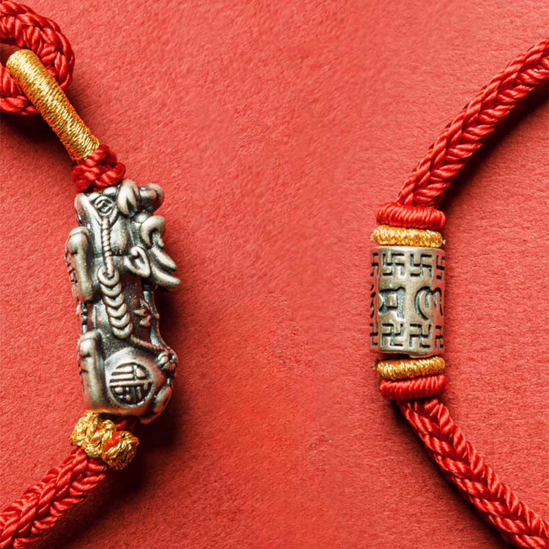 925 Sterling Silver Pixiu Om Mani Padme Hum String Bracelet – Pi Xiu mantra bead close-up red bg, engraved detail