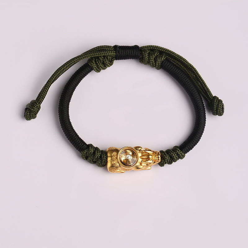 Pi Xiu Wealth Luck Hand-Woven Rope Bracelet Adjustable – gold Pi Xiu green rope white bg, good fortune adjustable