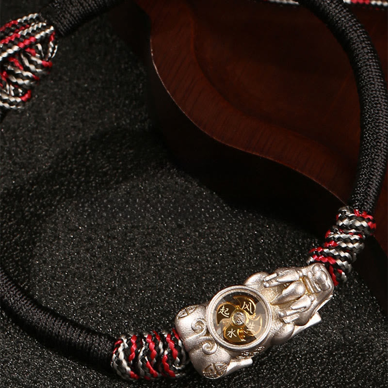 Pi Xiu Wealth Luck Hand-Woven Rope Bracelet Adjustable – silver Pi Xiu black red rope dark bg, feng shui wealth detail