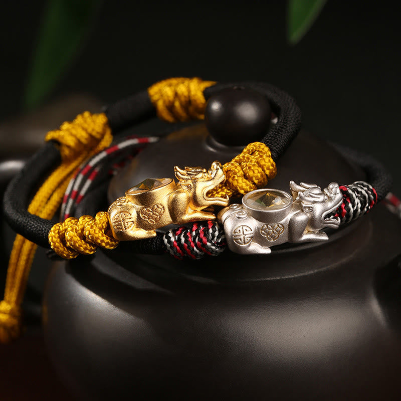 Pi Xiu Wealth Luck Hand-Woven Rope Bracelet Adjustable – gold silver Pi Xiu close-up teapot, feng shui wealth bracelet