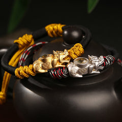 Pi Xiu Wealth Luck Hand-Woven Rope Bracelet Adjustable – gold silver Pi Xiu close-up teapot, feng shui wealth bracelet