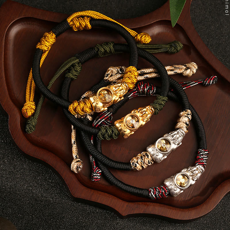 Pi Xiu Wealth Luck Hand-Woven Rope Bracelet Adjustable – five Pi Xiu bracelets wood tray, hand-woven feng shui set
