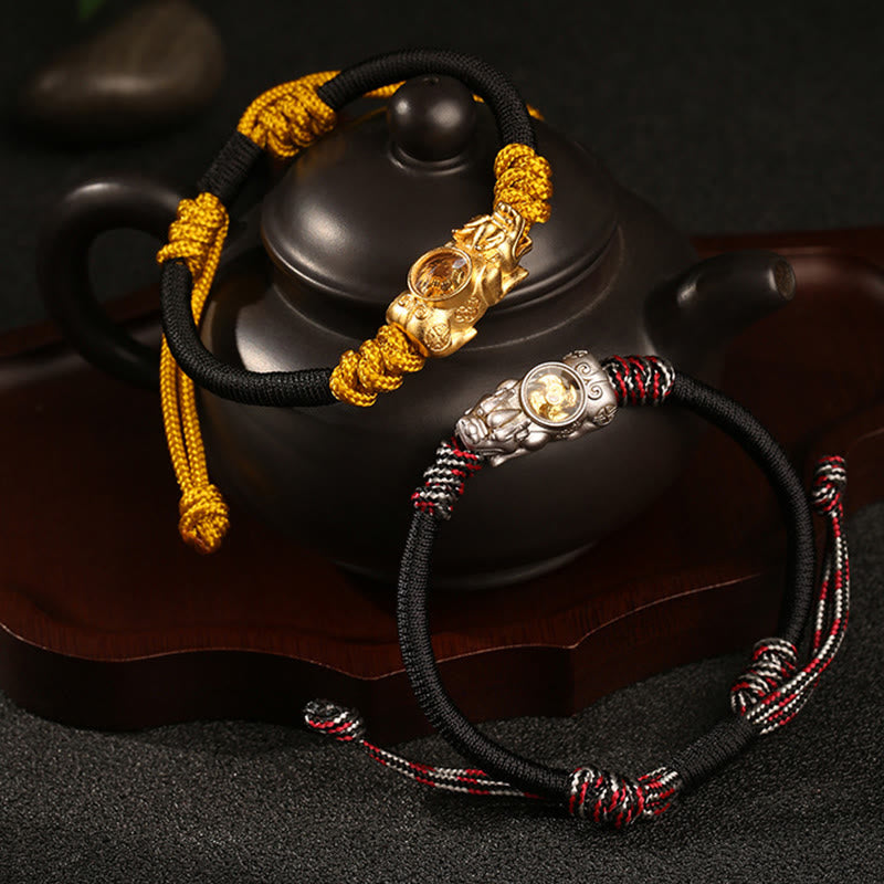 Pi Xiu Wealth Luck Hand-Woven Rope Bracelet Adjustable – gold silver Pi Xiu pair teapot, wealth luck bracelet set