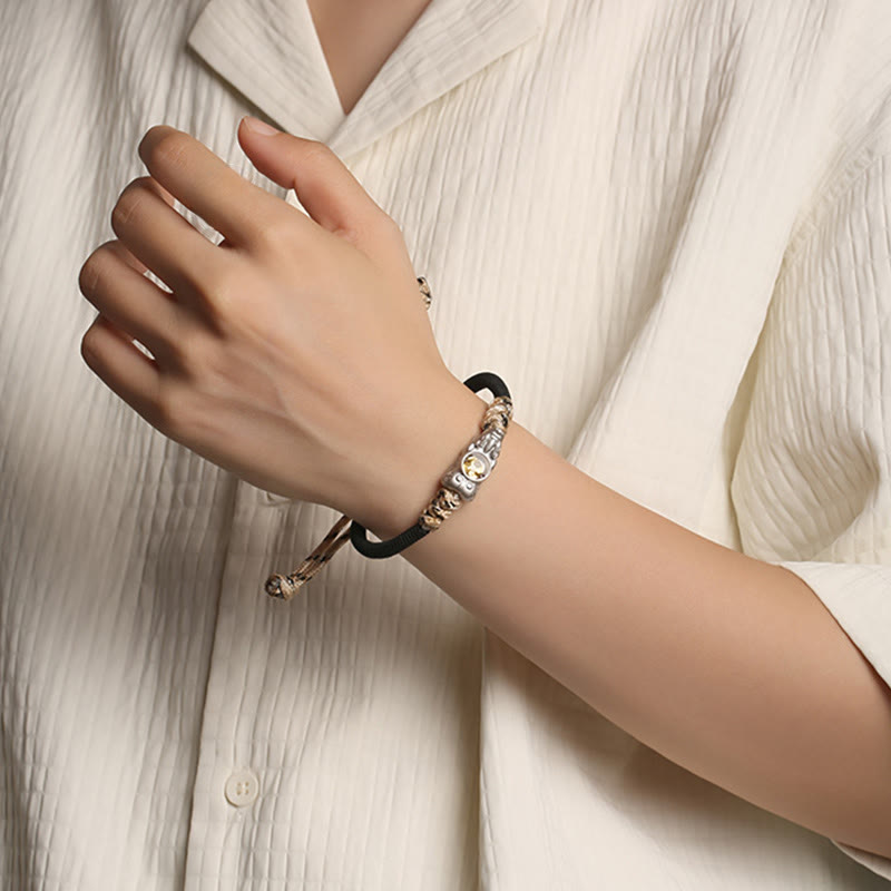 Pi Xiu Wealth Luck Hand-Woven Rope Bracelet Adjustable – silver Pi Xiu worn white shirt, feng shui good luck jewelry